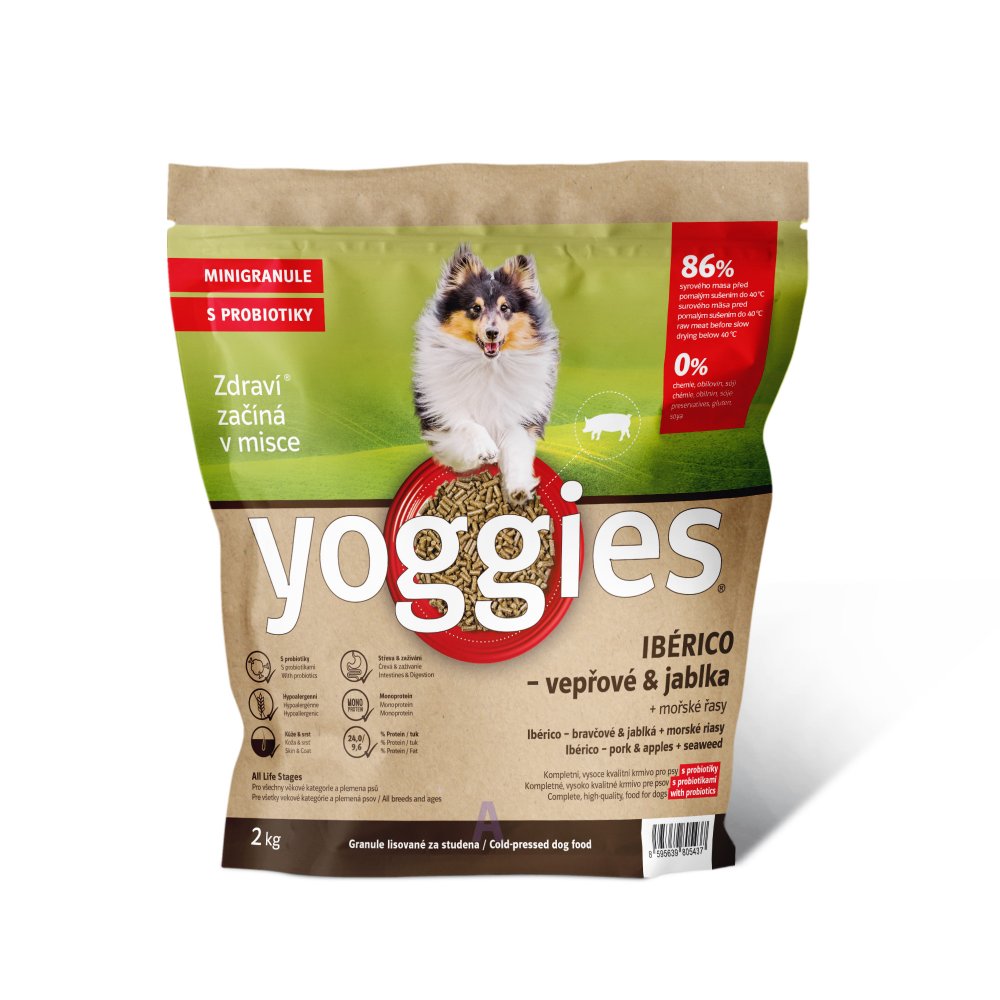 Levně 2kg Yoggies Minigranule Ibérico vepřové maso s jablky, granule lisované za studena s probiotiky