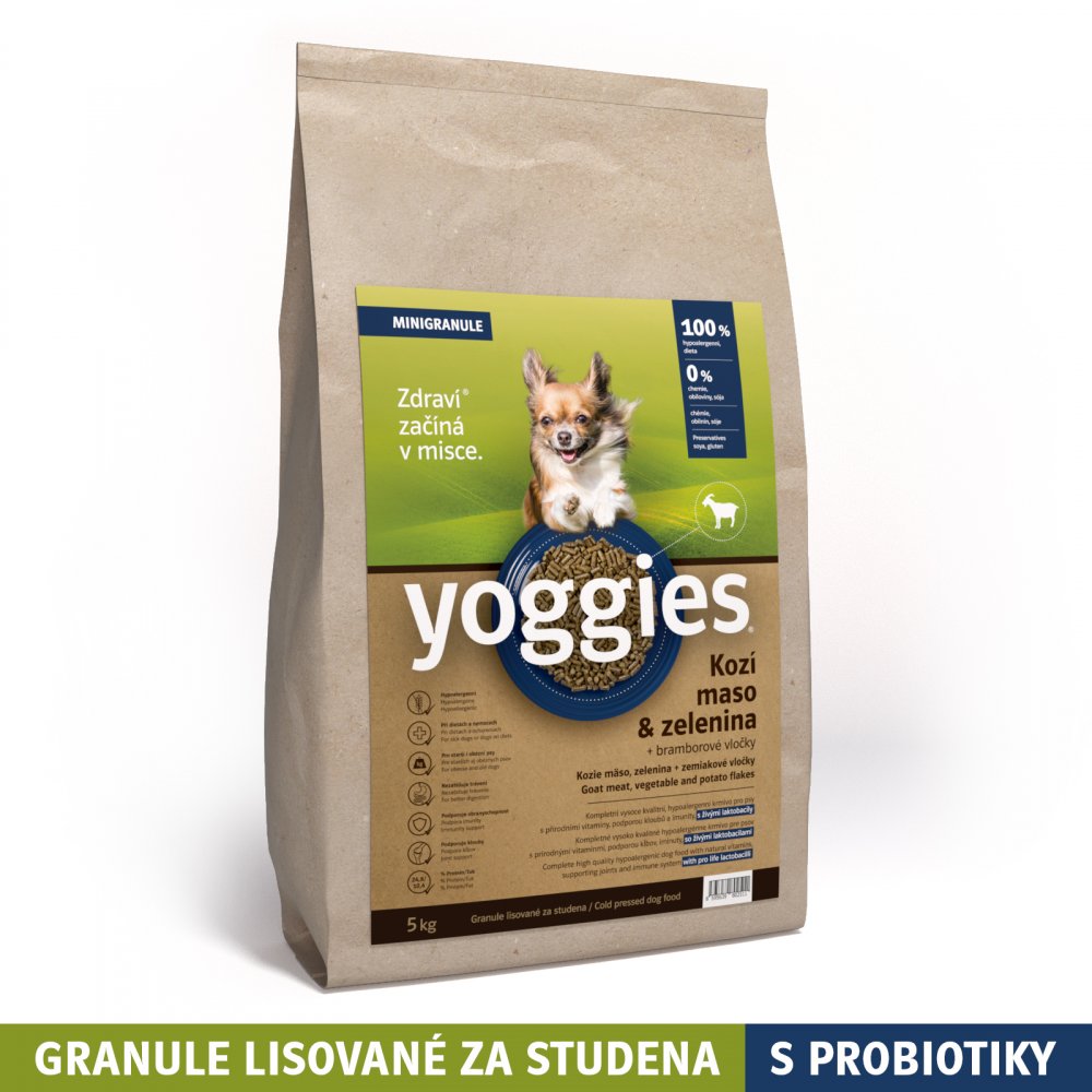 Levně 5kg Yoggies Kozí maso&zelenina, hypoalergenní minigranule lisované za studena s probiotiky