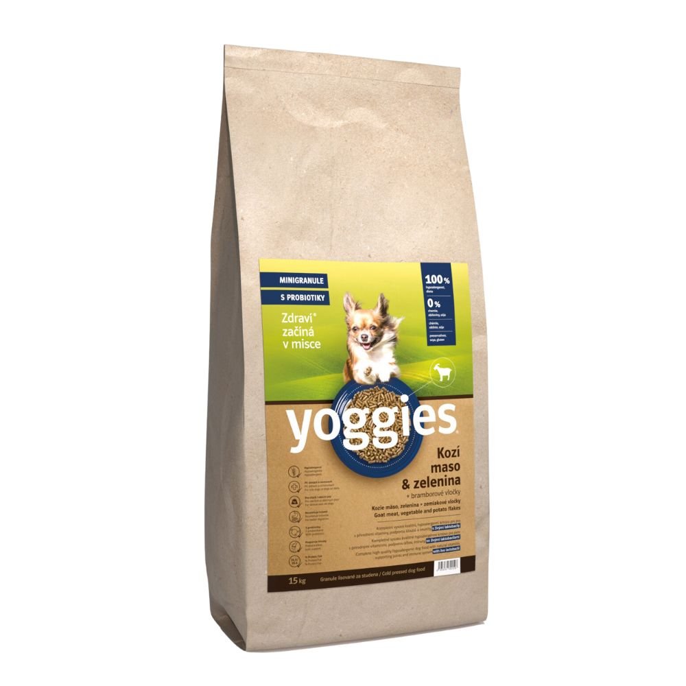 Levně 15kg Yoggies Kozí maso&zelenina, hypoalergenní minigranule lisované za studena s probiotiky