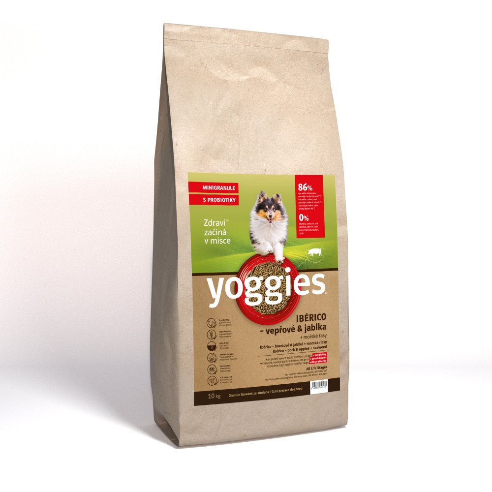 Levně 10kg Yoggies MINIGRANULE Ibérico vepřové maso s jablky lisované za studena s probiotiky