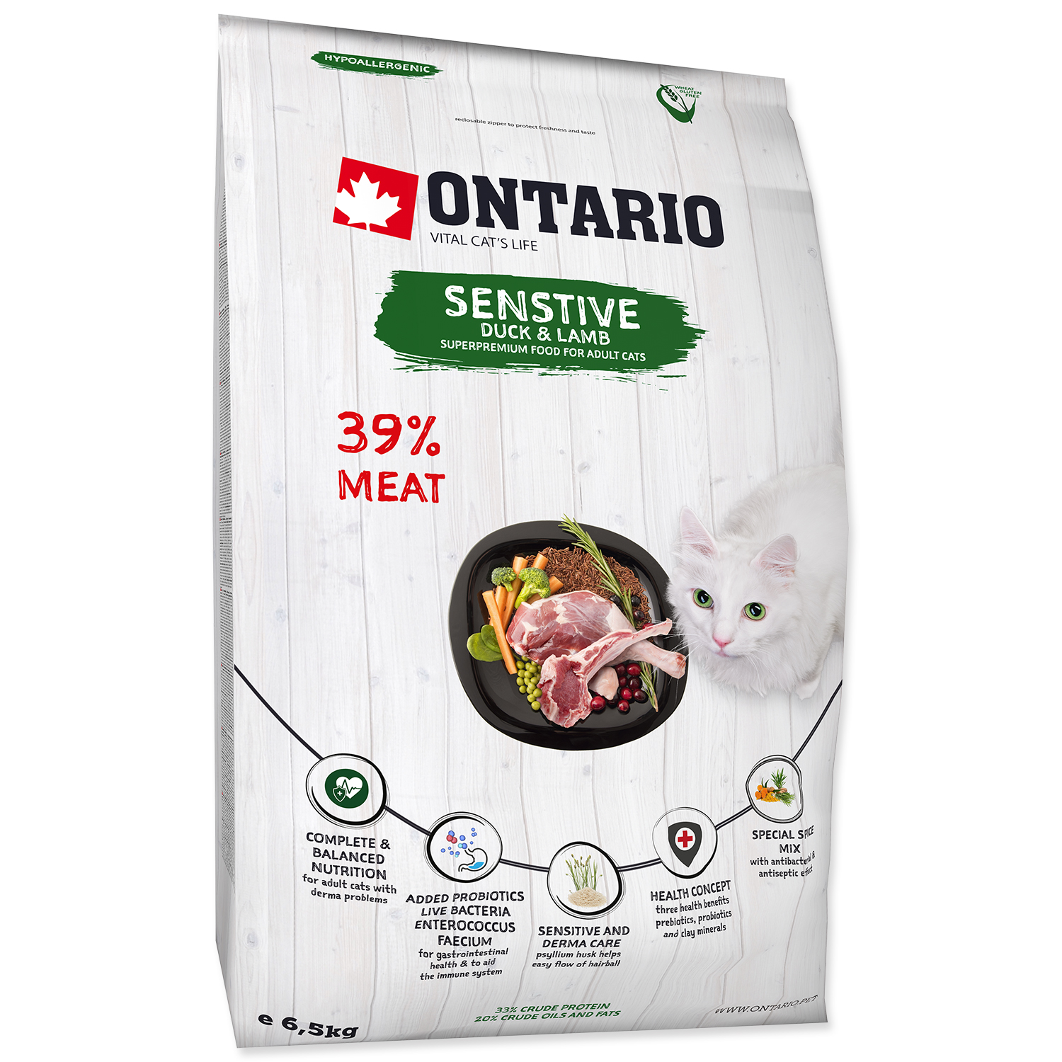 Levně ONTARIO Cat Sensitive / Derma 6,5 kg