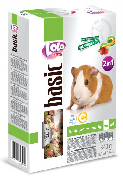 LOLO BASIC 2v1 zelen.a ovocné krmivo pro morčata 340g krabička