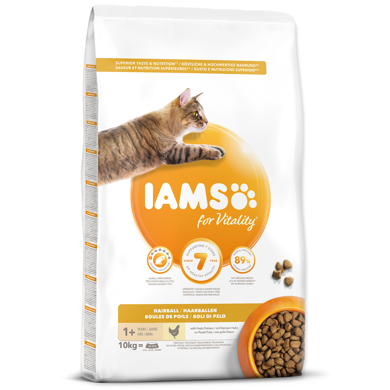Levně IAMS for Vitality Adult Cat Food Hairball Reduction with Fresh Chicken 10 kg
