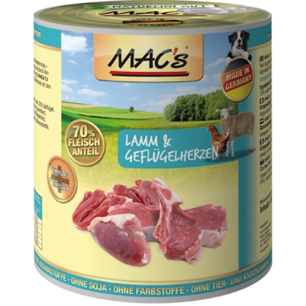 Levně Mac's Dog konzerva jehně a drůbeží srdce s rýží 800 g