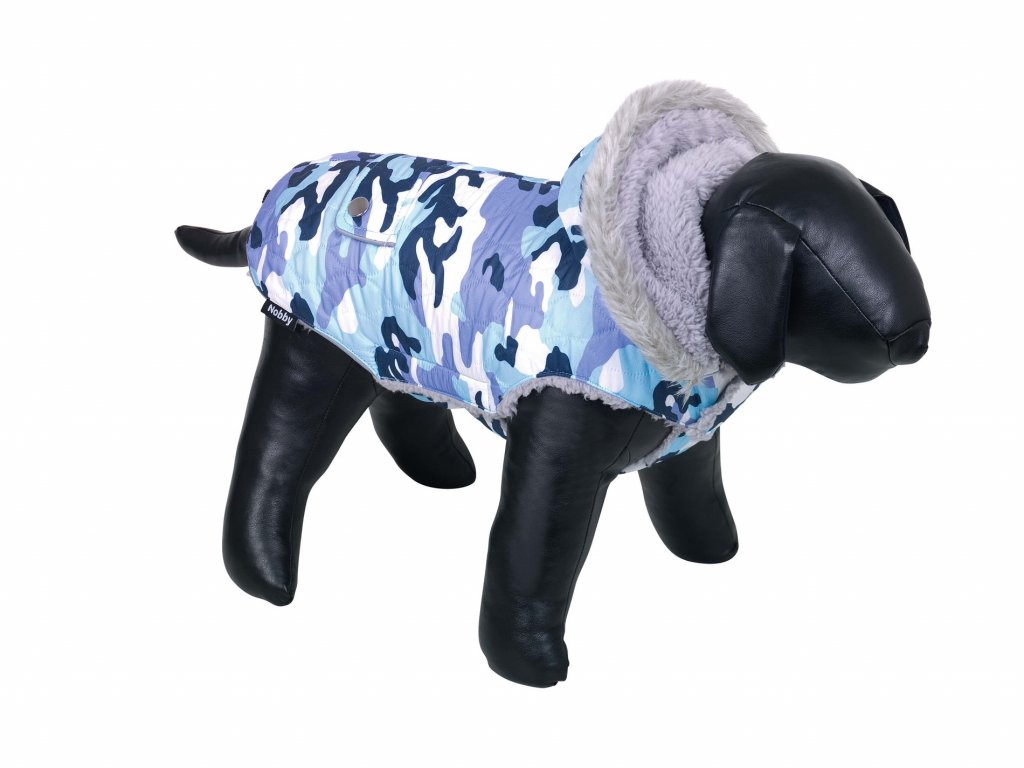 Elegantný nepremokavý zimný kabát pre psy Nobby Polar 32cm modrá kamufláž s reflexnými pruhmi