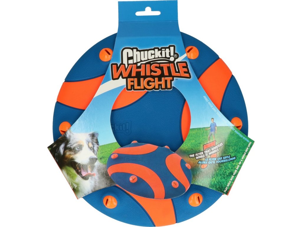 Zábavný lietajúci tanier pre psov s pískatkom Chuckit Whistle Flight