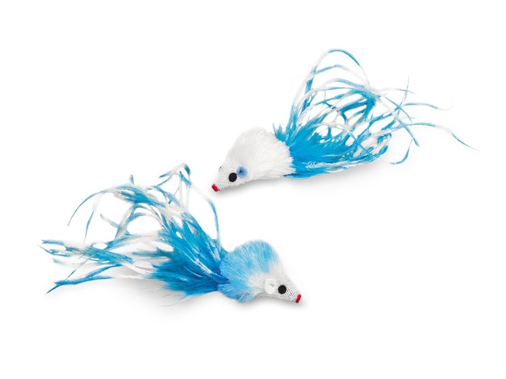 Chrastiace myšky s perím a catnipom pre mačky Nobby 2ks o veľkosti 5cm vo farbe - modrá/biela