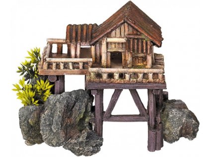 Kvalitná dekorácia do všetkých typov akvárií Nobby Wooden House - Drevený dom s rastlinami 23cm