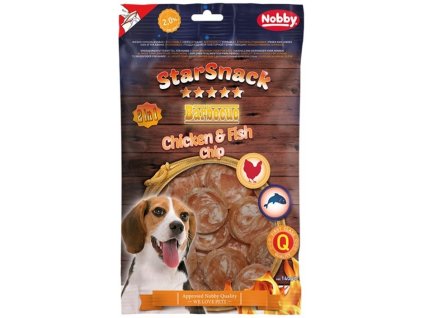 Pochúťka pre psov s kuracím mäsom a treskou Nobby StarSnack BBQ Chicken & Fish Chip 140g