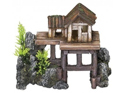 Kvalitná dekorácia do všetkých typov akvárií Nobby Wooden House - Drevený dom s rastlinami 15,5cm