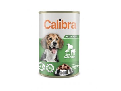 Calibra Dog konzerva 1240 g: mix kuraťa, hovädzieho a jahňacieho v želé pre dospelé psy