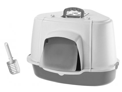 Rohová toaleta pre mačky s rozmerom 70x57x48cm v šedej farbe Nobby s rukoväťou a aktívnym filtrom