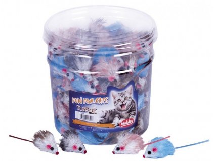 Malé chrastiace myšky s dlhosrstým plyšom pre mačky Nobby ToyBox Cat v balení 144ks