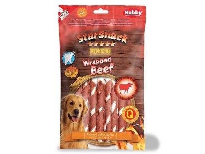 Pochúťka a odmena pre psov na čistenie zubov Nobby BBQ Wrapped Beef S v balení o hmostnosti 70g.