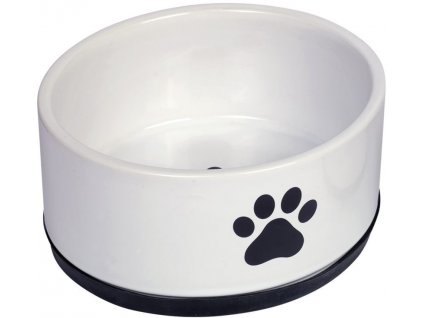 Vkusná keramická miska pre psov na vodu alebo krmivo Nobby Paw S v bielej farbe s čiernou labkou