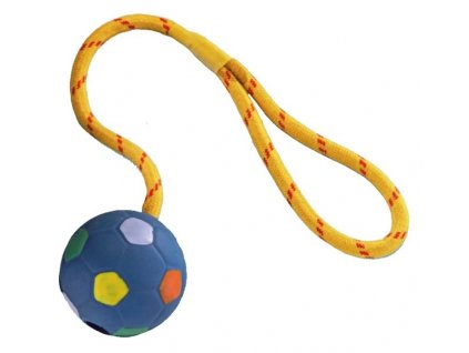 Aportovacia hračka pre menšie psy z pevného lana s farebnou gumenou loptou od Nobby Ø6,5cm
