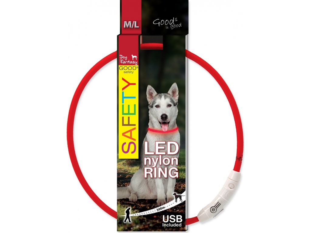 Obojek DOG FANTASY světelný USB červený 65 cm 1ks