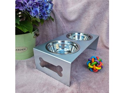 HafBar „Kost+pacička“ – kovový stojan na dvě misky pro psy, velikost S (stříbrná)