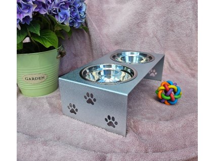 HafBar „S pacičkami“ – kovový stojan na dvě misky pro psy, velikost S (stříbrná)