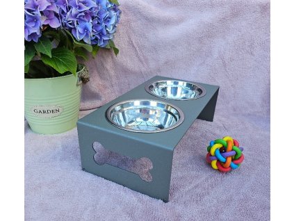 HafBar „Kost+pacička“ – kovový stojan na dvě misky pro psy, velikost S (zeleno-šedá)