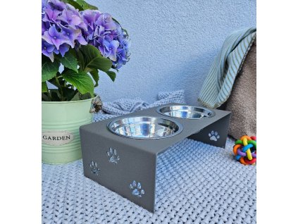 HafBar „S pacičkami“ – kovový stojan na dvě misky pro psy, velikost S (zeleno-šedá)
