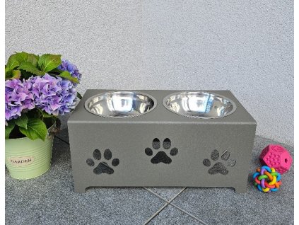 HafBar „Tři pacičky“ – kovový stojan na dvě misky pro psy, velikost M (zeleno-šedá)