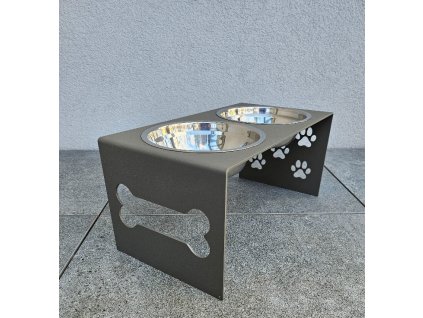 HafBar „Kost+pacičky“ – kovový stojan na dvě misky pro psy, velikost M (zeleno-šedá)