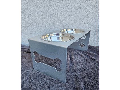 HafBar „Kost+pacičky“ – kovový stojan na dvě misky pro psy, velikost M (stříbrná)