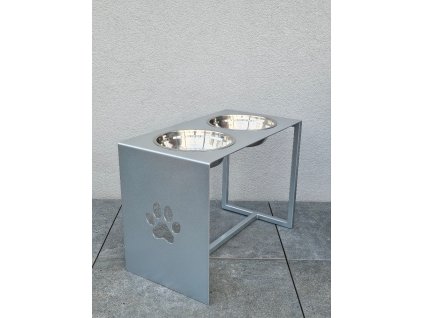 HafBar „S pacičkou“ – kovový stojan na dvě misky pro psy, velikost XL (stříbrná)