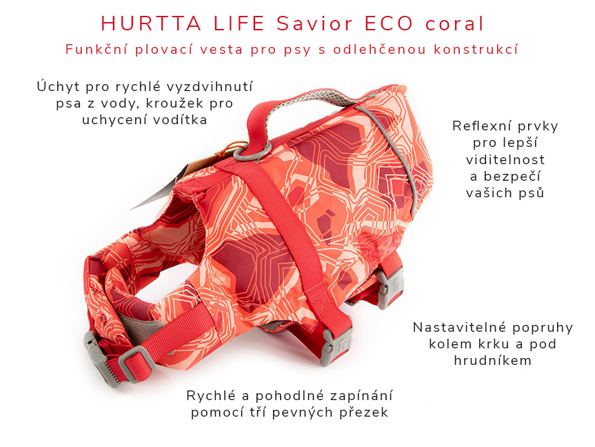 Plovací vesta pro psy HURTTA LIFE Savior CORAL, červená – infografika