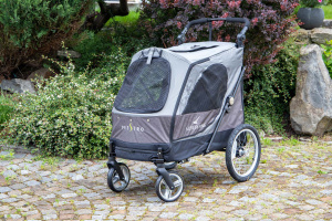  Velký kočárek pro psy s 38cm kolečky a nosností 55 kg. Rozměry kabiny 85 × 55 × 60 cm, možnost připevnění upravovacího stolku. Ideální pro více psů. Barva: šedá. (19)