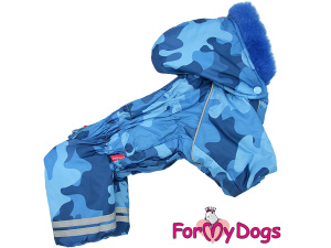  Obleček pro malé až střední psy – zateplený zimní overal BLUE CAMOUFLAGE od For My Dogs z voduodpuzujícího materiálu. Kožešinová podšívka, zateplený sinteponem