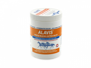  Komplexní kloubní výživa pro koně Alavis Triple Blend EXTRA SILNÝ obsahující kombinaci chondroprotek­tivních látek – glukosamin sulfátu a chondroitin sulfátu, látky MSM a kolageny Collyss a Cartidyss. Velké balení 700 g.