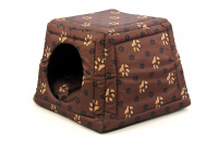 Multifunkční pelíšek pro psy sloužící jako uzavřená bouda nebo pelíšek s okrajem. Barva hnědá se vzorem. (5)