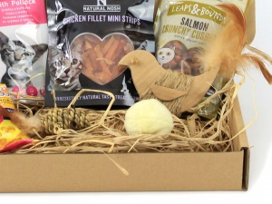 Dárkový balíček pro kočky s lahodnými kočičími pamlsky a hned třemi hračkami, detail