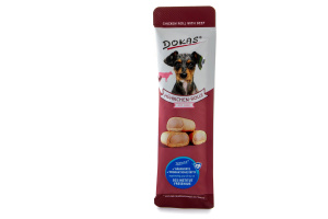  DOKAS šťavnaté rolky z kuřecího masa a jater s náplní z hovězího masa. Hmotnost balení: 10 g.