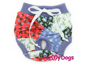  Bavlněné hárací kalhotky pro fenky PANTIES PATCHWORK od For My Dogs. Velmi příjemný materiál a precizní zpracování, pružný pas, zavazování na tkaničku.