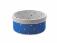  Keramická glazovaná miska pro psy vhodná na vodu i krmivo. Objem 0,5 litru, barva modrá s puntíky.