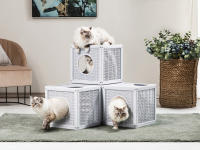  Modulární úkryt a prolézačka pro kočky od BAMA PET. Pevný odolný plast s proutěnou imitací, lze použít samostatně nebo spojit libovolný počet modulů. Rozměry 35 × 35 × 35 cm. (9)