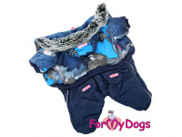  Obleček pro psy – teplý zimní overal BLUE CAMO od For My Dogs z voduodpuzujícího materiálu. Jeansové kalhoty, kožešinová podšívka, zateplený sinteponem.