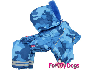  Obleček pro malé až střední psy – zateplený zimní overal BLUE CAMOUFLAGE od For My Dogs z voduodpuzujícího materiálu. Kožešinová podšívka, zateplený sinteponem, odepínací kapuce.