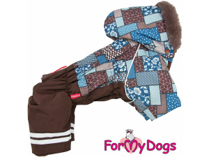 Obleček pro malé až střední psy – zateplený zimní overal BROWN PATCHWORK od For My Dogs z voduodpuzujícího materiálu. Kožešinová podšívka, zateplený sinteponem (2)