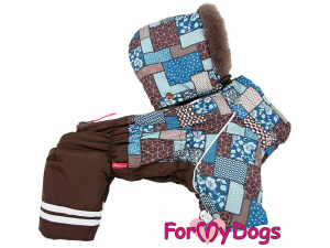 Obleček pro malé až střední psy – zateplený zimní overal BROWN PATCHWORK od For My Dogs z voduodpuzujícího materiálu. Kožešinová podšívka, zateplený sinteponem (4)