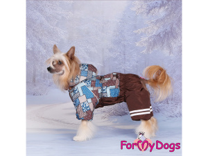 Obleček pro malé až střední psy – zateplený zimní overal BROWN PATCHWORK od For My Dogs z voduodpuzujícího materiálu. Kožešinová podšívka, zateplený sinteponem
