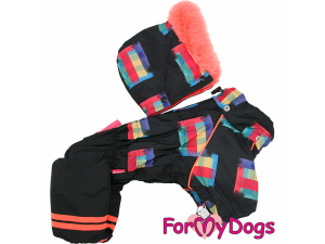 Obleček pro malé až střední fenky – zateplený zimní overal COLOUR STRIPES od For My Dogs z voduodpuzujícího materiálu. Hladká hedvábná podšívka, zateplený sinteponem, odepínací kapuce.