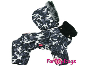  Obleček pro malé až střední psy – zateplený zimní overal DARK GREY od For My Dogs z voduodpuzujícího materiálu. Podšívka antistatický fleece, otvor na provlečení vodítka, odepínací kapuce.
