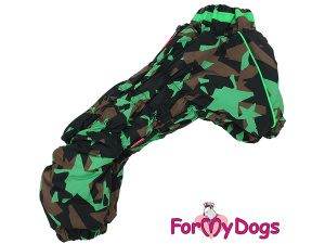  Obleček pro malé až střední psy – zateplený zimní overal GREEN CAMO od For My Dogs z voduodpuzujícího materiálu. Plyšová podšívka, zateplený sinteponem