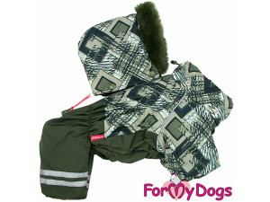  Obleček pro psy – extra teplý zimní overal KHAKI PATCH od For My Dogs z voduodpuzujícího materiálu (odepínací kapuce)