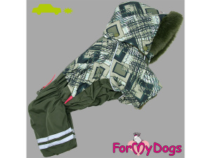  Obleček pro psy – extra teplý zimní overal KHAKI PATCH od For My Dogs z voduodpuzujícího materiálu (reflexní prvky)