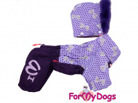  Obleček pro fenky – fialový, sinteponem zateplený zimní overal PURPLE DOTS od ForMyDogs. Hedvábná podšívka, barva fialová.